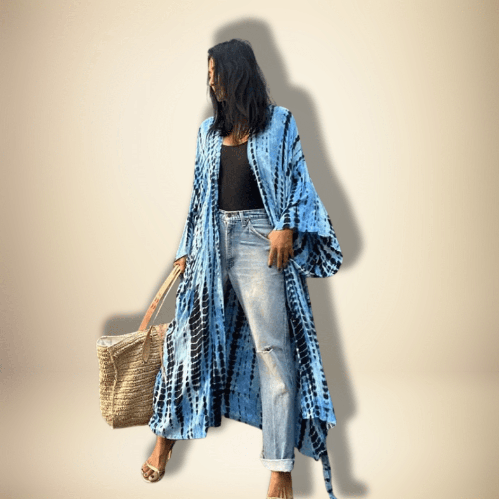 Kimono de plage avec manches Bleu/Noir / Taille Unique